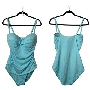 Tommy Bahama Pearl Shirred Bandeau One-Piece Swimsuit Spaghetti Strap Sz 14 Aqua